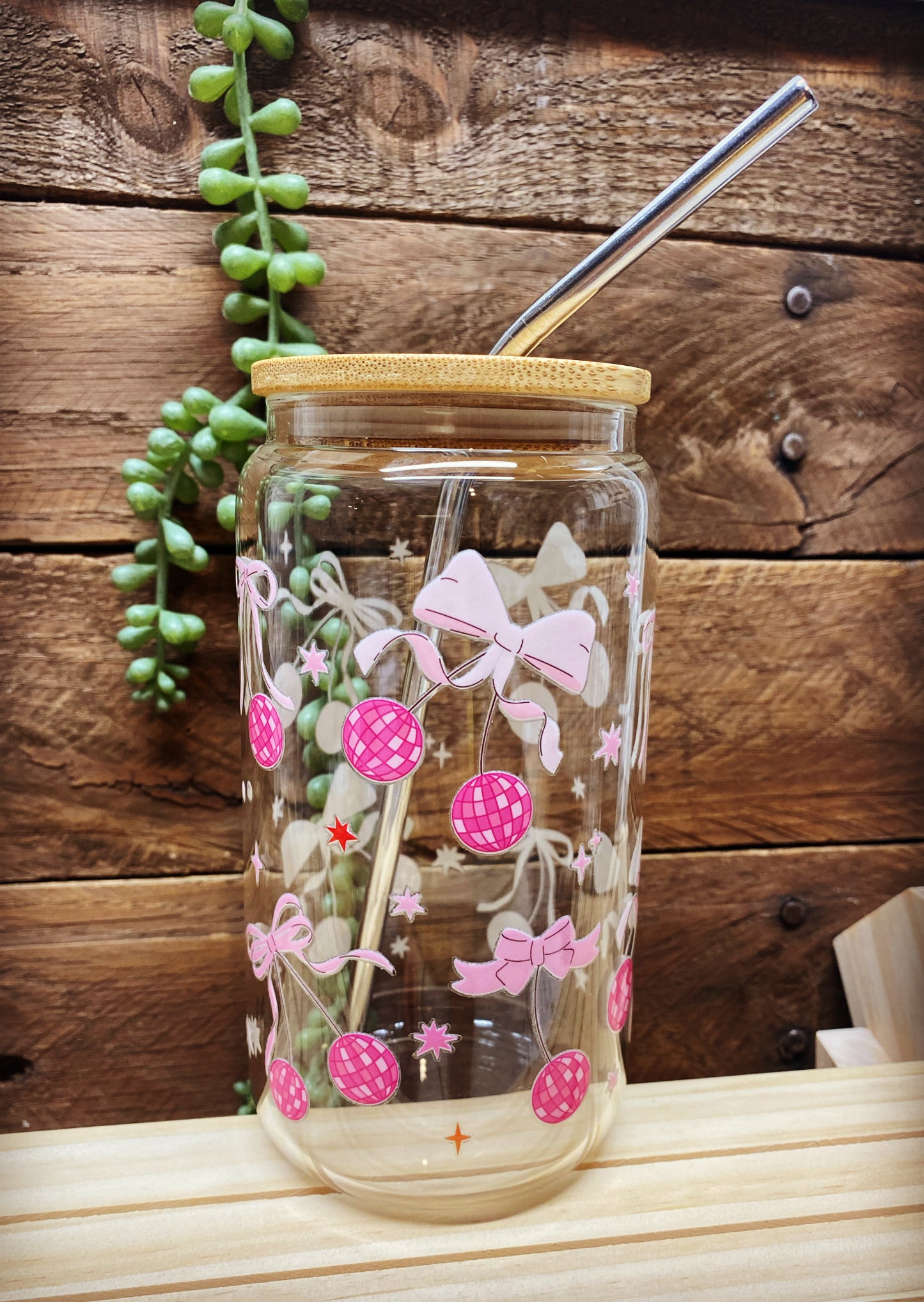 16oz Glass Cup - Disco Cherry Bows