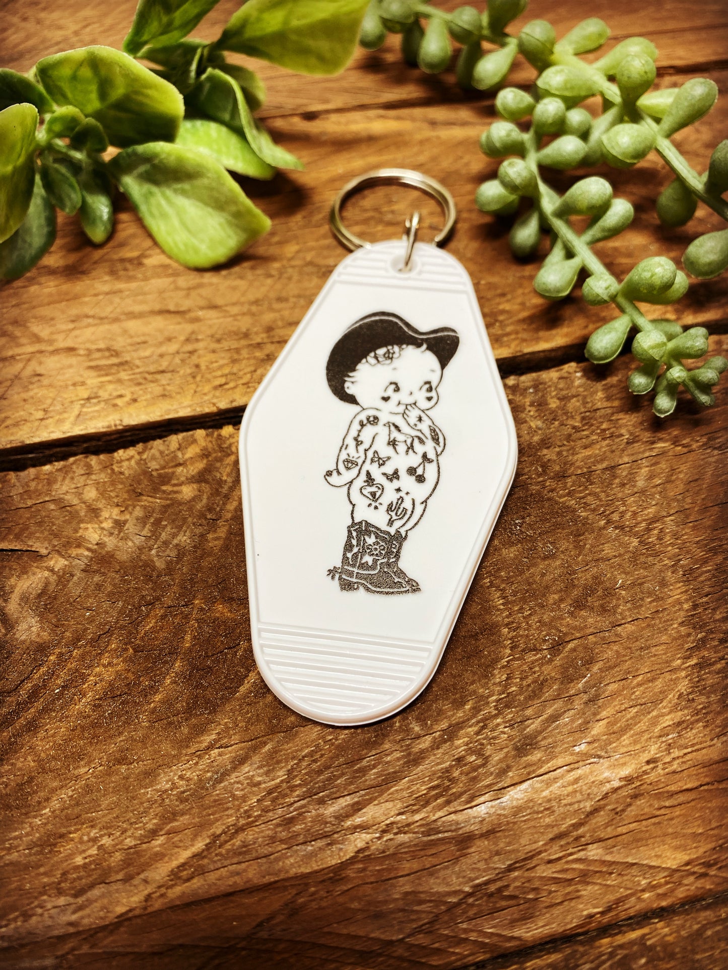 Keychain Vintage Plastic Key Tag - Tattoo Cowgirl