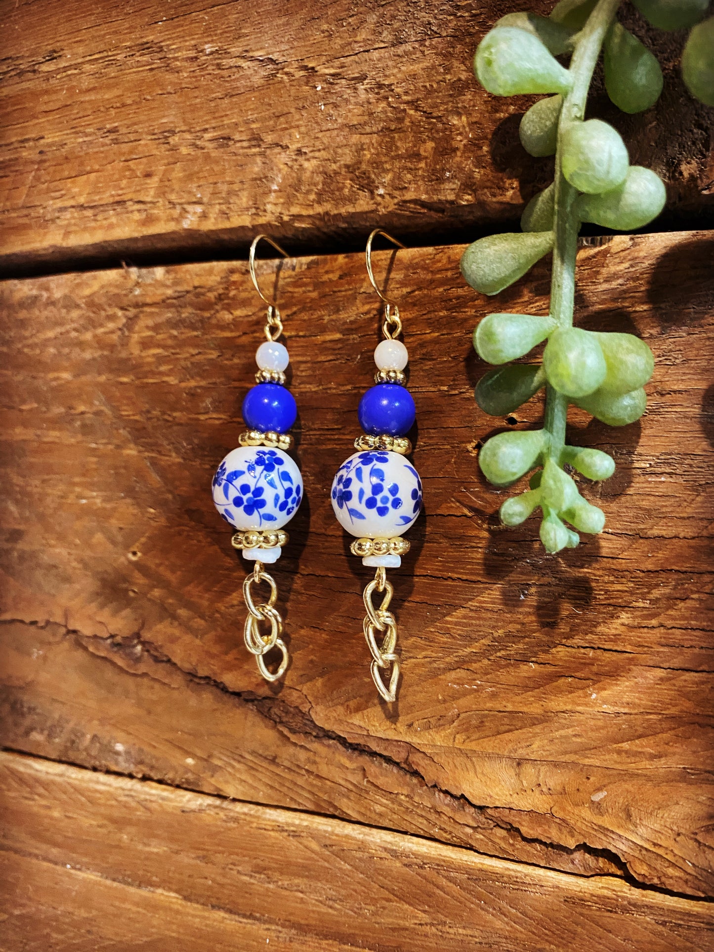 Blue Flowered China Dangles with Chain