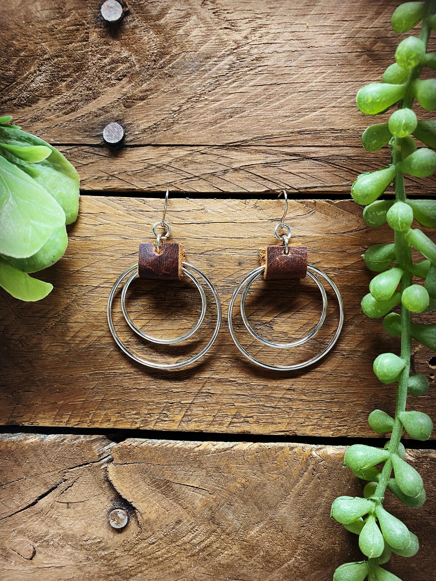Silver with Brown Leather Hoops