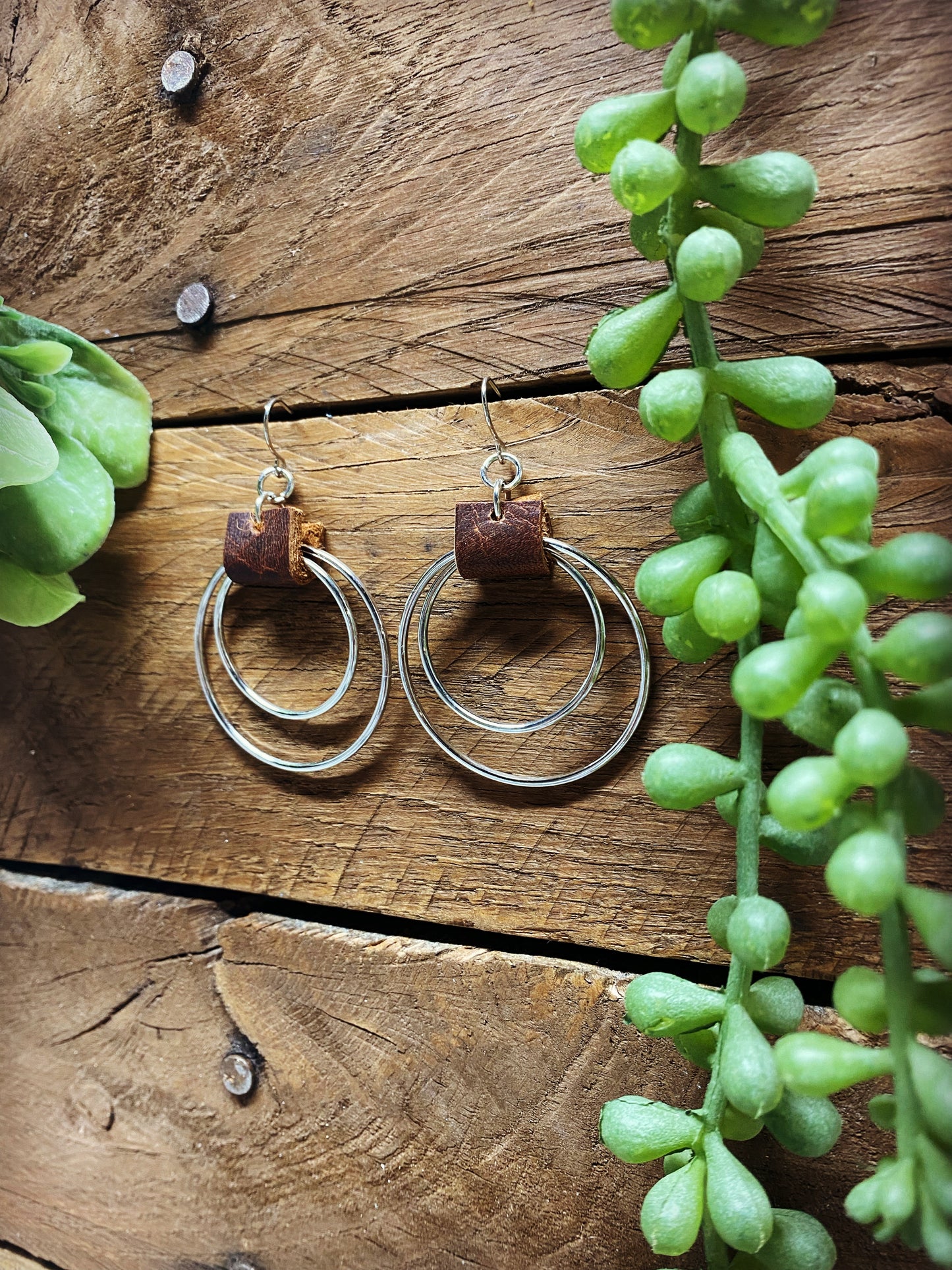 Silver with Brown Leather Hoops