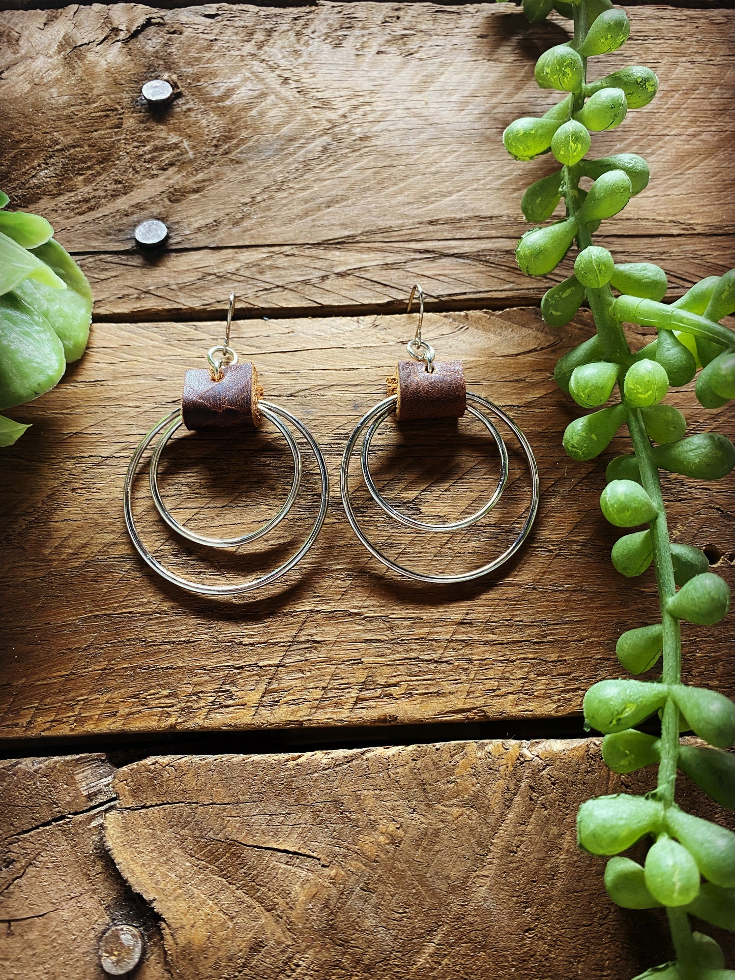 Silver with Brown Leather Hoops