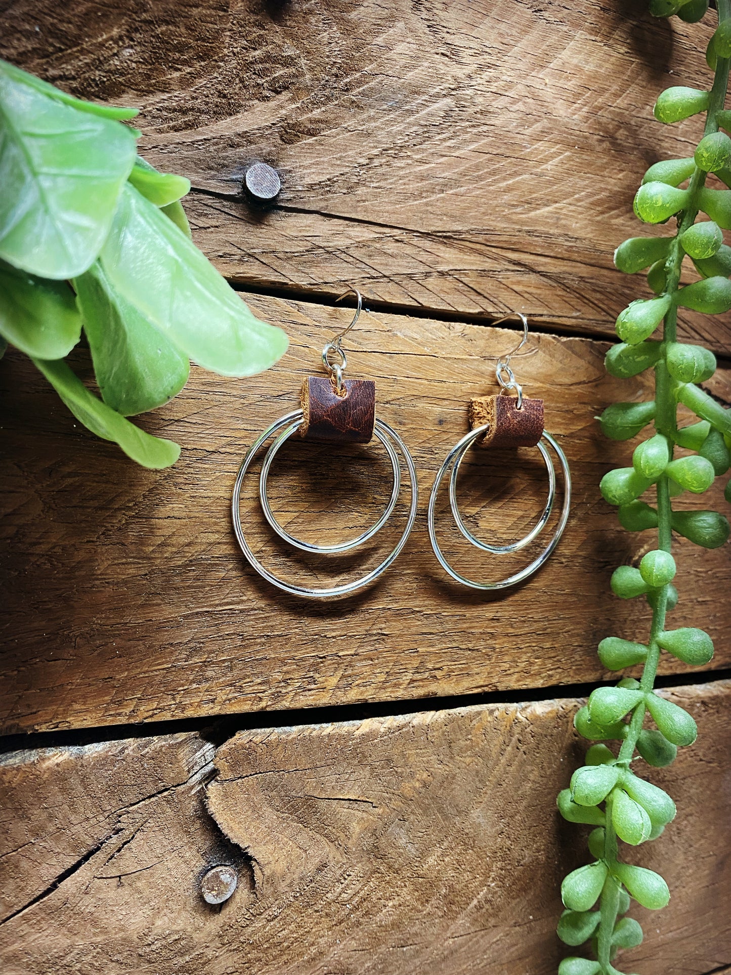 Silver with Brown Leather Hoops