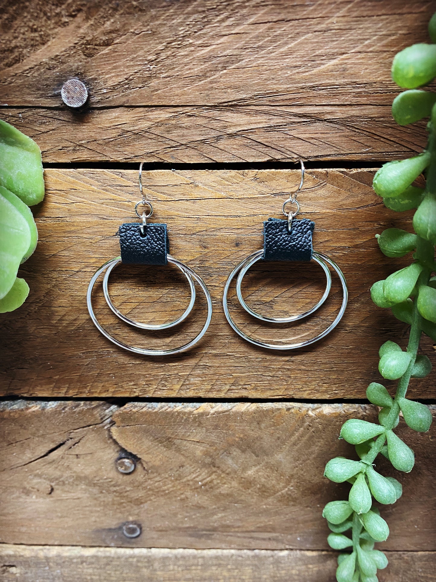 Silver with Black Leather Hoops