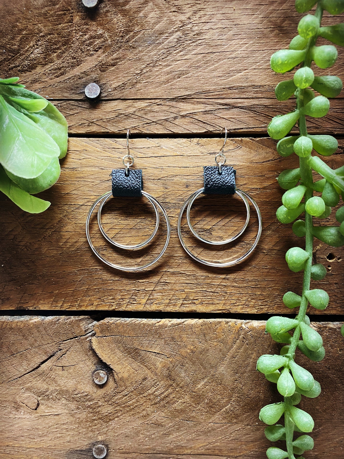 Silver with Black Leather Hoops