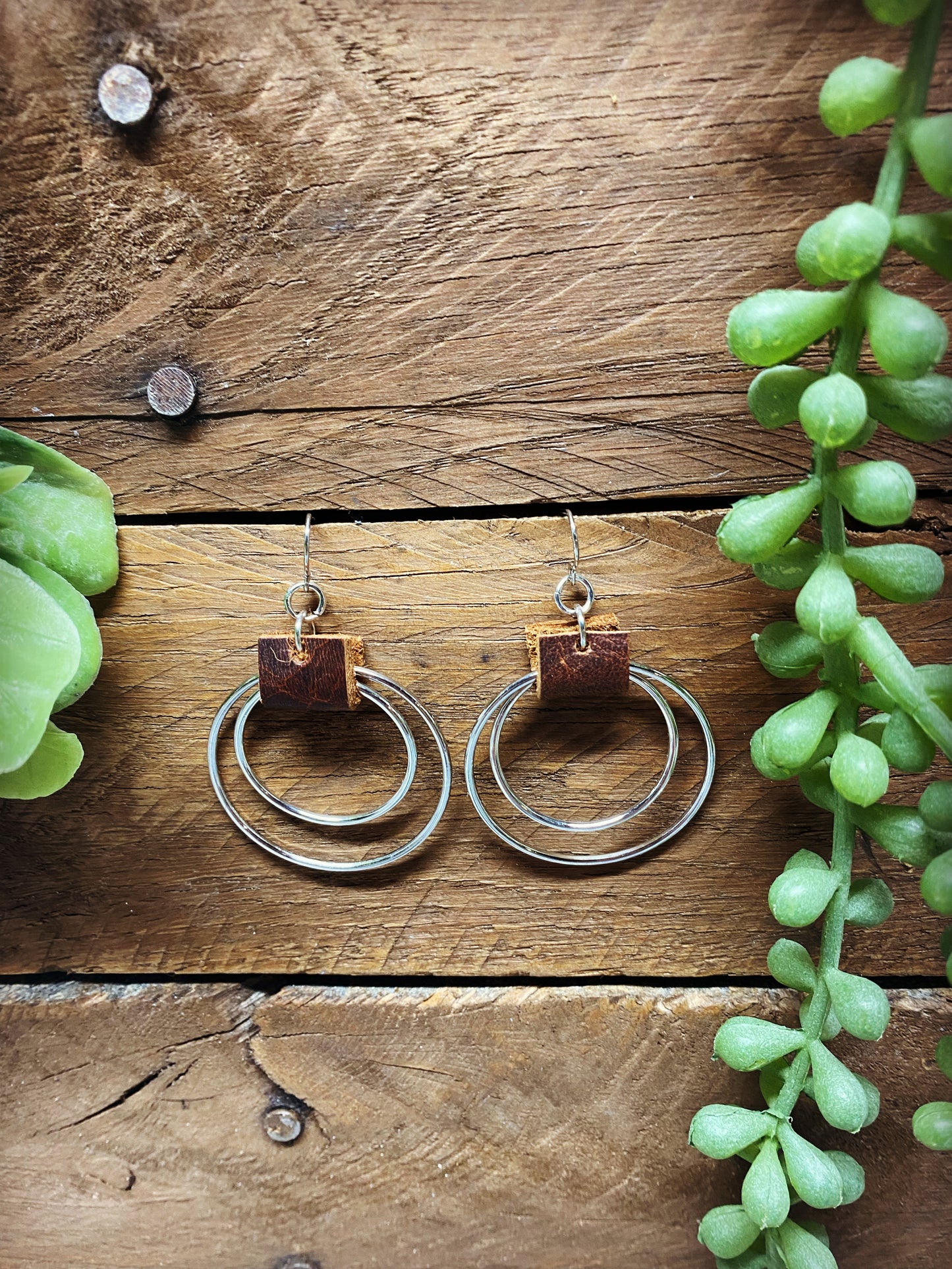 Silver with Brown Leather Hoops