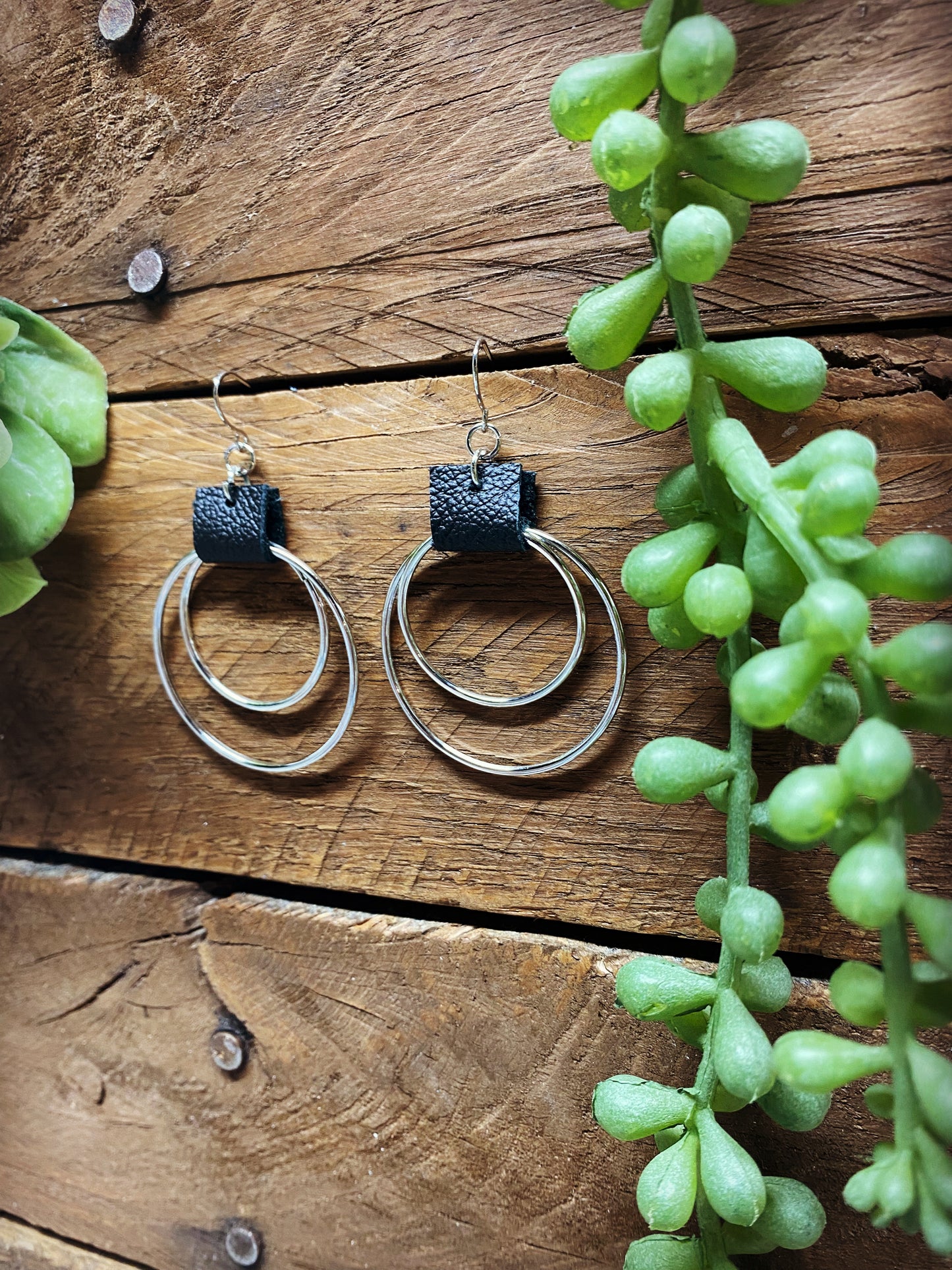 Silver with Black Leather Hoops