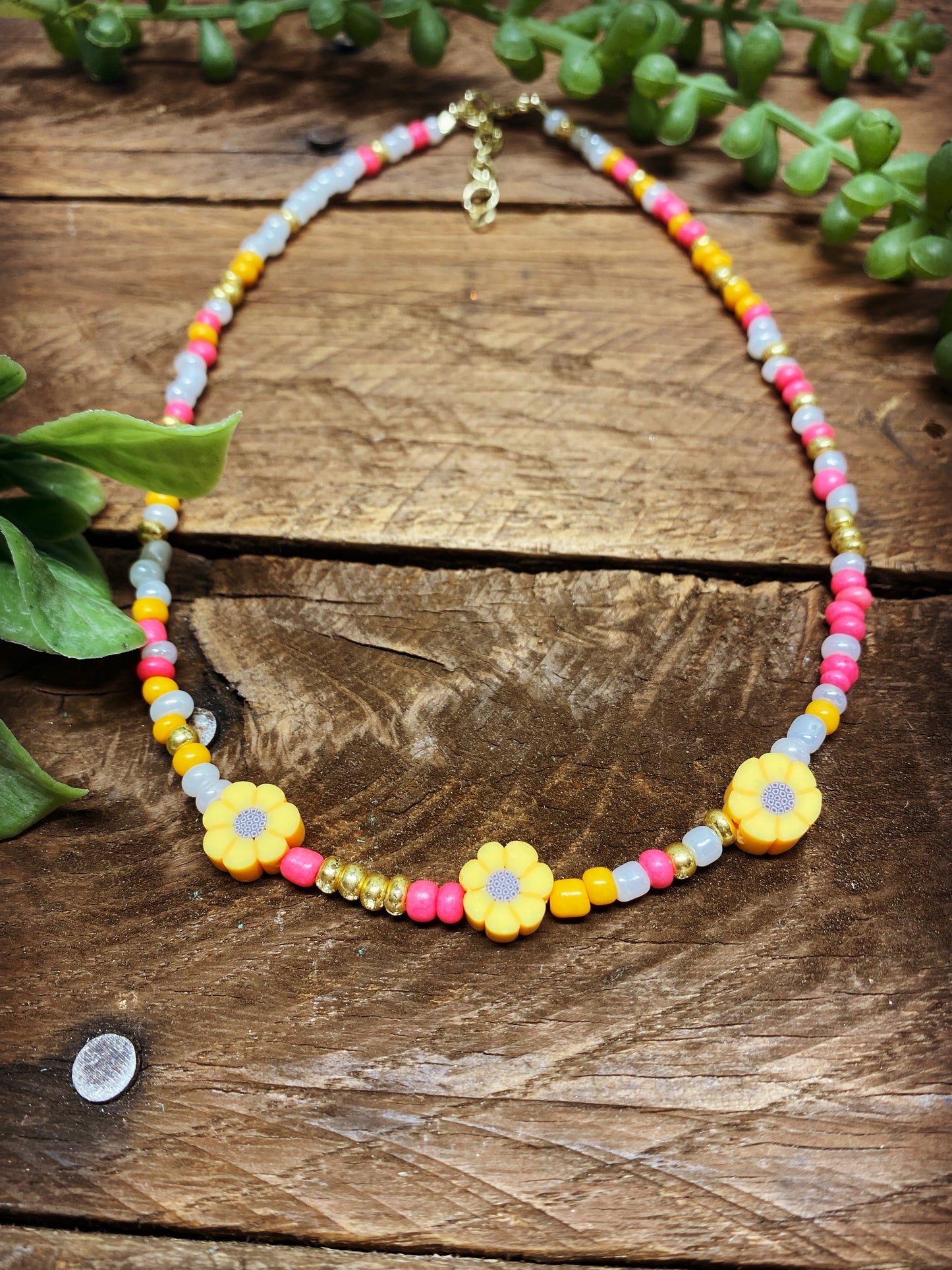 Beaded Necklace - Pink with Yellow Flowers
