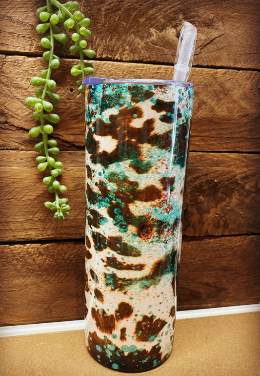 20oz Skinny Tumbler - Cowhide with Turquoise Speckle