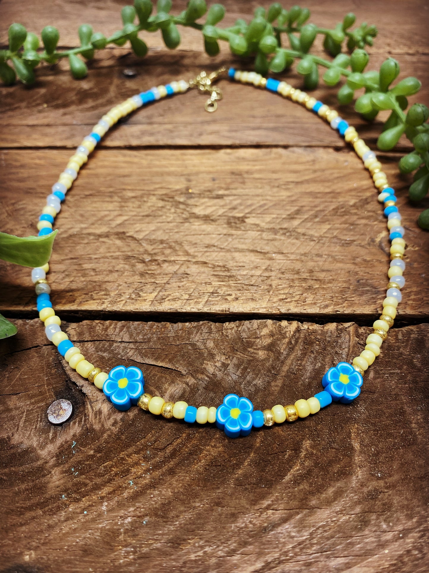 Beaded Necklace - Blue & Gold with Flowers