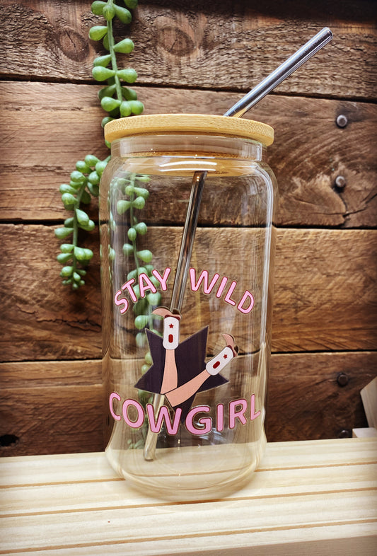 16oz Glass Cup - Western Stay Wild Cowgirl