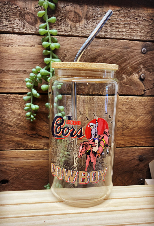 16oz Glass Cup - Western Coors Cowboy