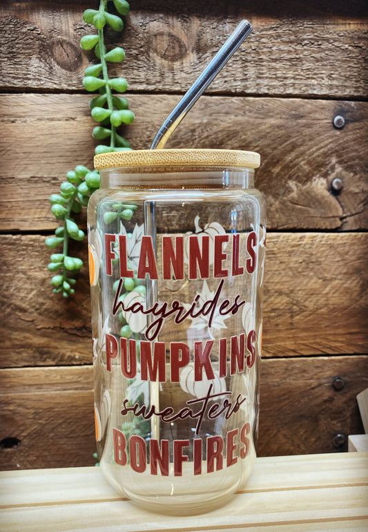 16oz Glass Cup - Fall Flannel-pumpkins-hayrides