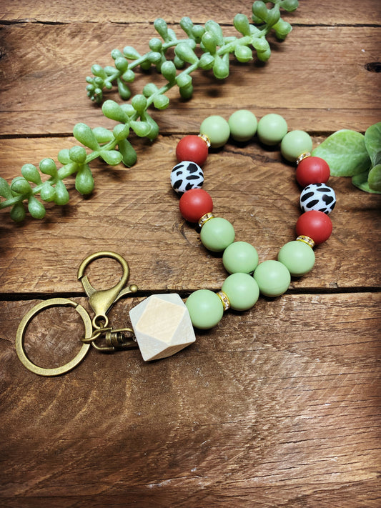 Keychain Bangle - Grean and Rust with Cow Print