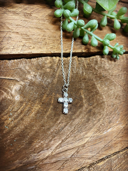 Classic Silver Small Rhinestone Cross Necklace
