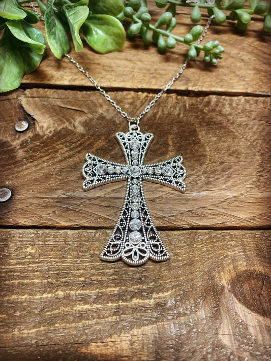 Classic Large Rhinestone Cross Necklace