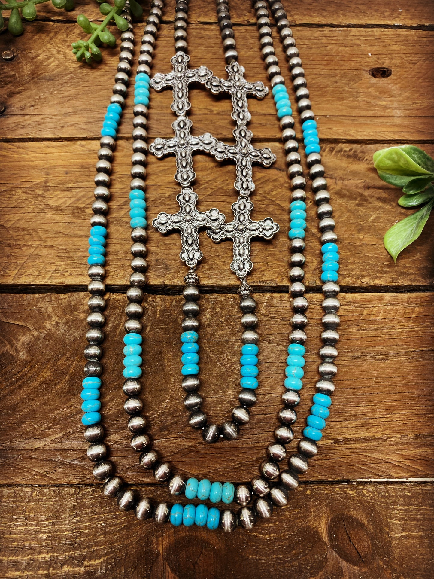 Western Necklace - Layered Navajo Pearl Inspired Crosses