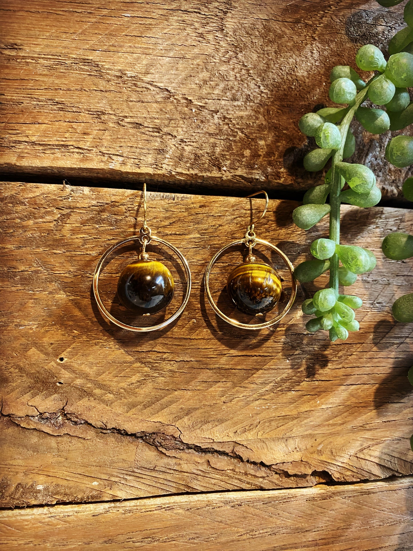 Gold Mini Hoop - Tigers eye