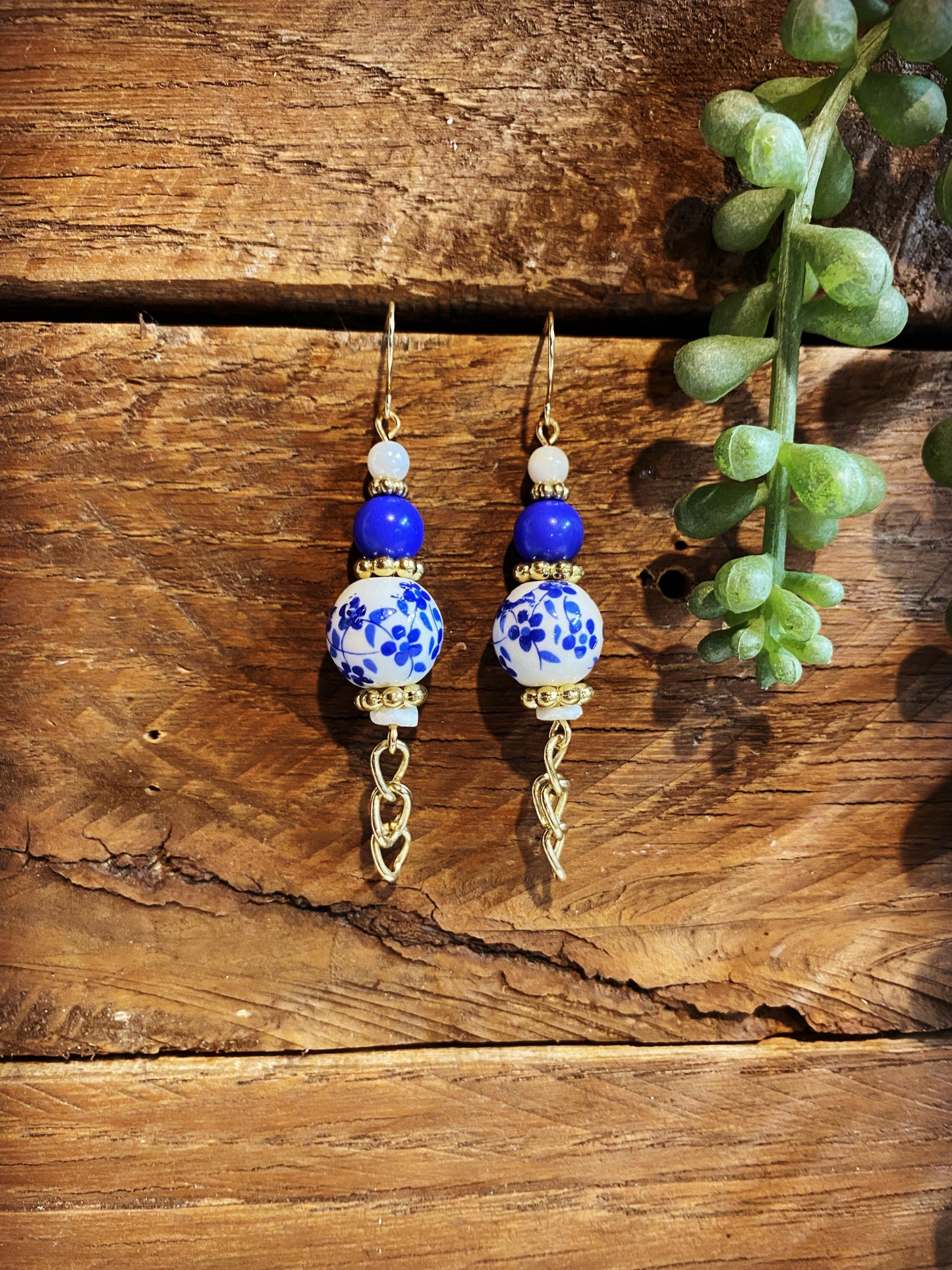 Blue Flowered China Dangles with Chain