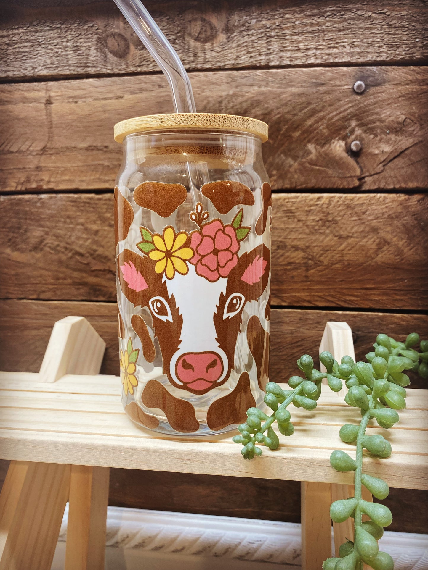 16oz Glass Cup - Cow & Cow Print